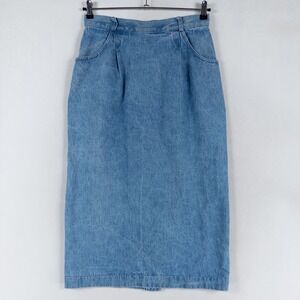 Vintage Willowbend Denim Midi Skirt Women 14 Blue Pleated Cotton Made In USA